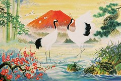 Cranes with red Fuji