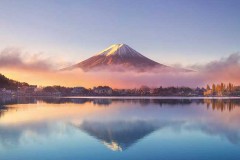Fuji mirrored in dawn mist
