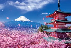 Fuji, cherry blossoms, and Asama pagoda